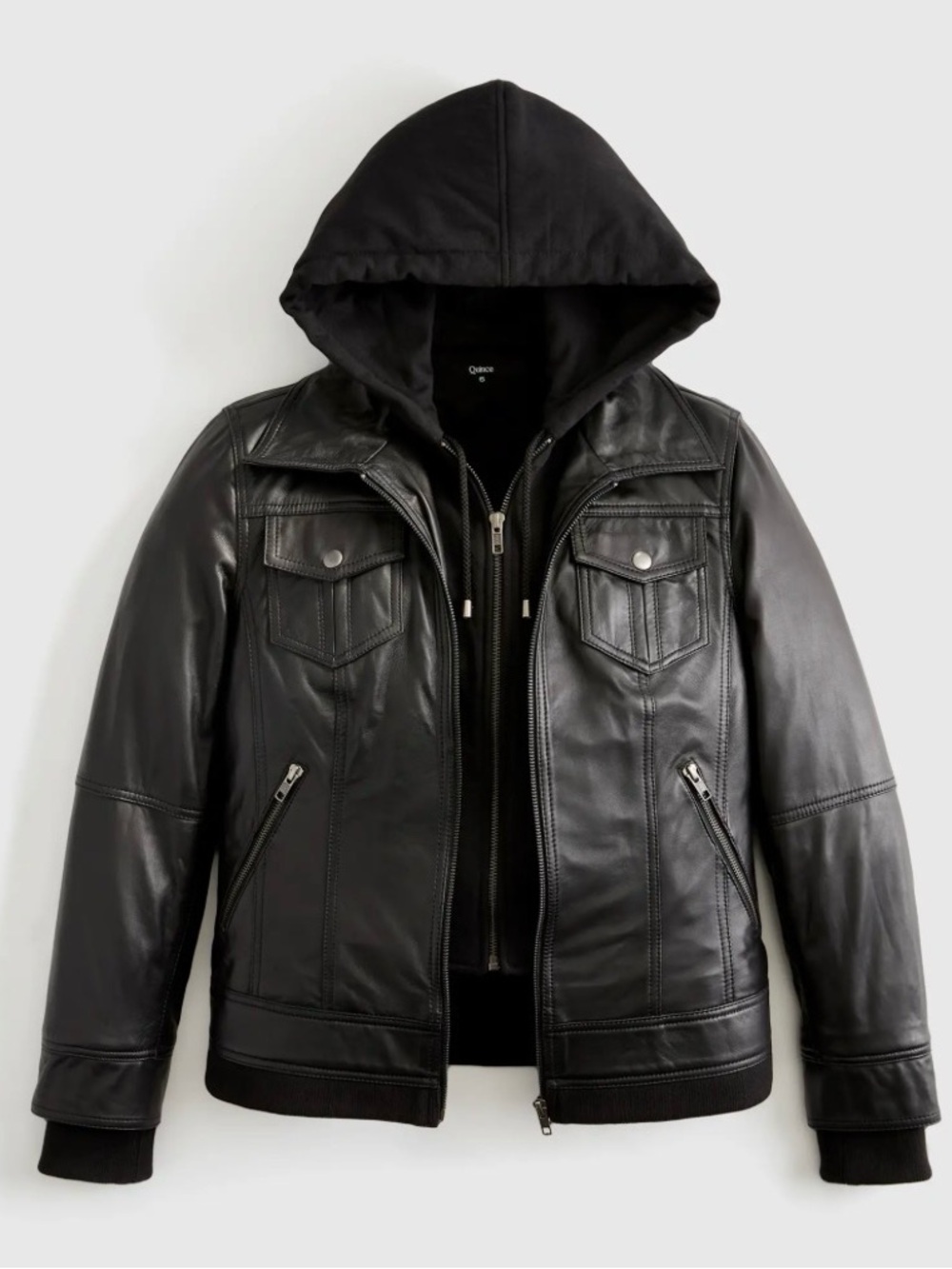 Quince 100% Leather Black Hooded Jacket with Zip Pockets